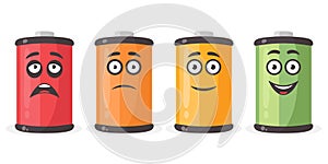 Low Battery and Full Battery Character Icon Set. Funny Cartoon Battery Characters with Full, Slightly Depleted, Nearly photo