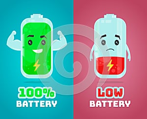 Low battery and full power battery vector flat cartoon character illustration. Energy charge photo