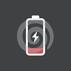 Low battery icon in flat style. Battery charging process vector illustration on isolated background. Accumulator recharge sign
