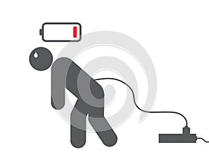 Low battery man with electrical plug. Tiredness icon. Burnout of working. low level energy. Vector illustration