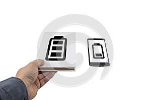 Low battery problem concept. Book vs phone