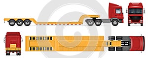 Low bed trailer truck vector mockup. Isolated vehicle template side, front, back, top view
