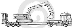 Low bed Truck Trailer and excavator. Abstract drawing. Tracing illustration of 3d.