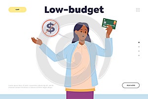 Low budget problem and financial trouble landing page template with unhappy woman character design