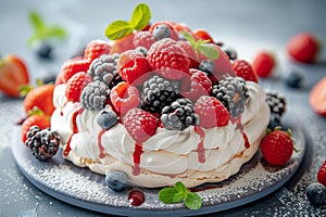 Low-calorie dessert Pavlova with fresh berries.