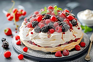 Low-calorie dessert Pavlova with fresh berries.