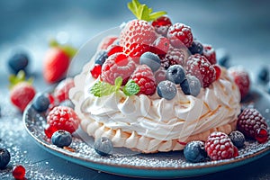 Low-calorie dessert Pavlova with fresh berries.