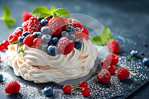 Low-calorie dessert Pavlova with fresh berries.