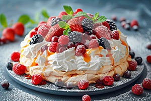 Low-calorie dessert Pavlova with fresh berries.