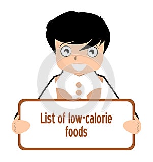 Low calorie food list, english, nutrition, boy, isolated.