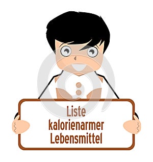 Low calorie food list, German, nutrition, boy, isolated.