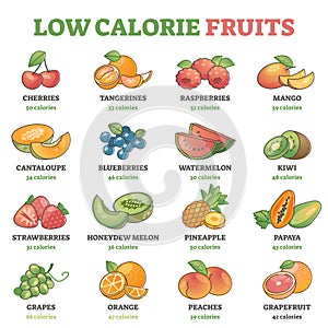 Low calorie fruits examples with precise nutrition data outline diagram photo