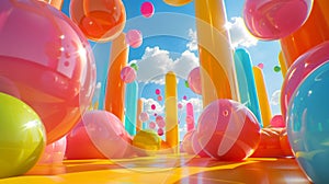 Low camera angle shot, realistic Disney Pixar style 3d render of a bounce-house mega fun