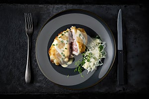 Low Carb Chicken Cordon Bleu On Black Matte Plate. Generative AI