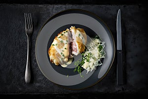 Low Carb Chicken Cordon Bleu On Black Matte Plate. Generative AI photo