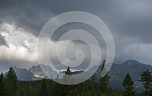 Low clouds green spruce trees and rocky mountains. High Tatras in cloudy foggy day