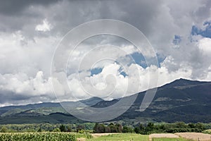 Low clouds mountains. Dramatic sky. Romania