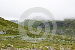 Treeless mountaintops are wrapped in the clouds photo