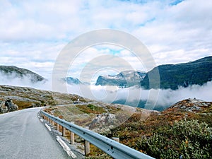 Low clouds over the mountainous landscape in Norway