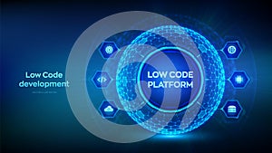 Low code platform. Low code development technology concept. LCDP easy coding. Hexagonal grid sphere on blue background. Vector