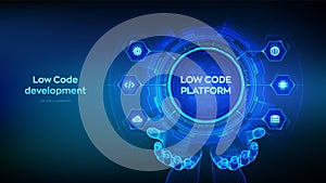 Low code platform and No Code development technology concept in wireframe hands. LCDP and NCDP - software development using