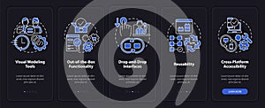 Low code platforms features night mode onboarding mobile app screen
