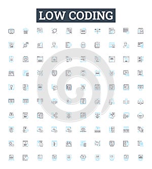 Low coding vector line icons set. No-code, Visual, Declarative, Automation, Platform, Application, Mobile illustration