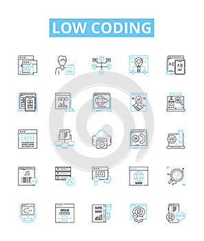 Low coding vector line icons set. No-code, Visual, Declarative, Automation, Platform, Application, Mobile illustration