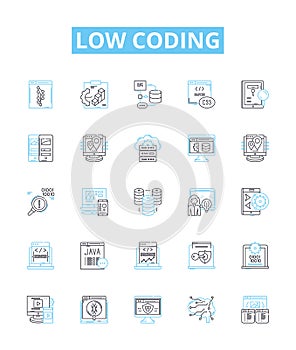 Low coding vector line icons set. No-code, Visual, Declarative, Automation, Platform, Application, Mobile illustration