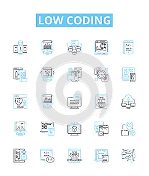 Low coding vector line icons set. No-code, Visual, Declarative, Automation, Platform, Application, Mobile illustration