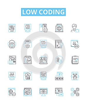Low coding vector line icons set. No-code, Visual, Declarative, Automation, Platform, Application, Mobile illustration
