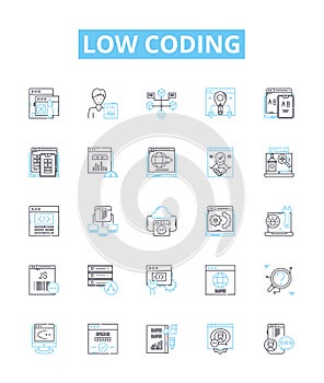 Low coding vector line icons set. No-code, Visual, Declarative, Automation, Platform, Application, Mobile illustration
