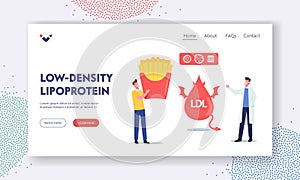 Low Density Lipoprotein Landing Page Template. Doctor Explain Danger of Bad Cholesterol to Patient with Fast Food