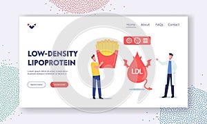 Low Density Lipoprotein Landing Page Template. Doctor Explain Danger of Bad Cholesterol to Patient with Fast Food photo