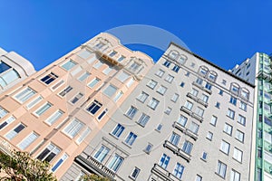 Low dutch angle view of apartment and condominium buildings at San Francisco, CA