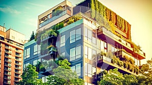 low-energy efficient house using green energy, trees and plants as part of the building