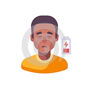 Low energy icon. Fatigue flat illustration. African American man feeling tired and sleepy