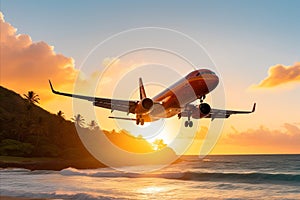 Low Flying Airplane. Sunset with Palm Trees and Ocean Beach.