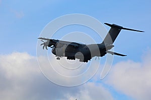 Low flying A400 military transport plane