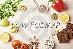 Low FODMAP concept with text in center. Low diet - fruits,vegetables, greenery, nuts, beans, flax seeds, chia seeds photo