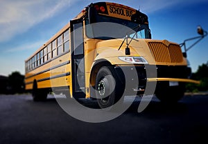 Low front angle shot of a public school bus