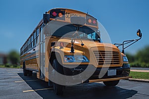 Low front right angle view of yellow American public school bus showing door with sun directly overhead casting a shadow down on