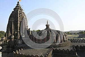 Low height shikhara over mandapam and high shikhara over Garbhagriha at Vitthal Temple, Palashi, Parner, Ahmednagar photo