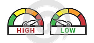 Low and High Gauge Scale Measure Speedometer Icon from Green to Red Isolated