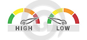 Low and High Gauge Scale Measure Speedometer Icon from Green to Red Isolated  Vector