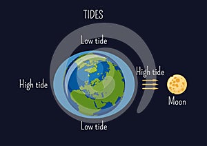 Low and high lunar tides diagram. Effect of Moon gravitational force on seacoast water level.