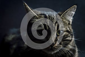Low key close up portrait of a young grey tabby cat with green eyes and green collar with a bell