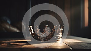 low key image of beautiful queen king crown over wooden table. vintage filtered. fantasy medieval period, generative ai