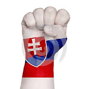 Low key picture of a fist painted in colors of slovakia flag