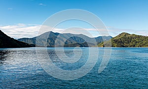 A low-level view of the beautiful and stunning Marlborough Sound and the surrounding hills at the top of the South Island, New